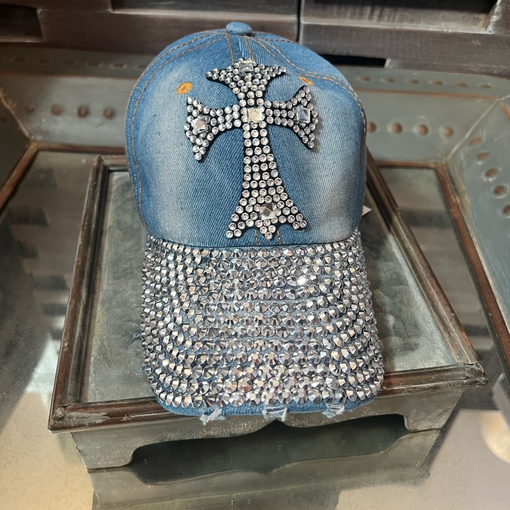 NEW! (w/tags)! Indigo Soul Cap - Distressed Denim, Rhinestone Embellished Cross.